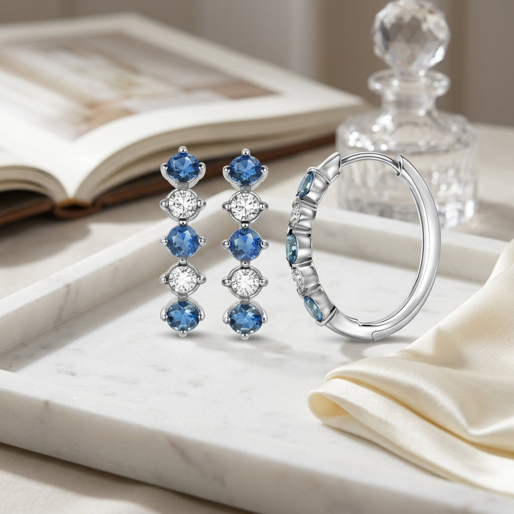 0.77ctw Blue Sapphire & 5/8ctw Diamond Hoop Earring in 14K White Gold - lifestyle