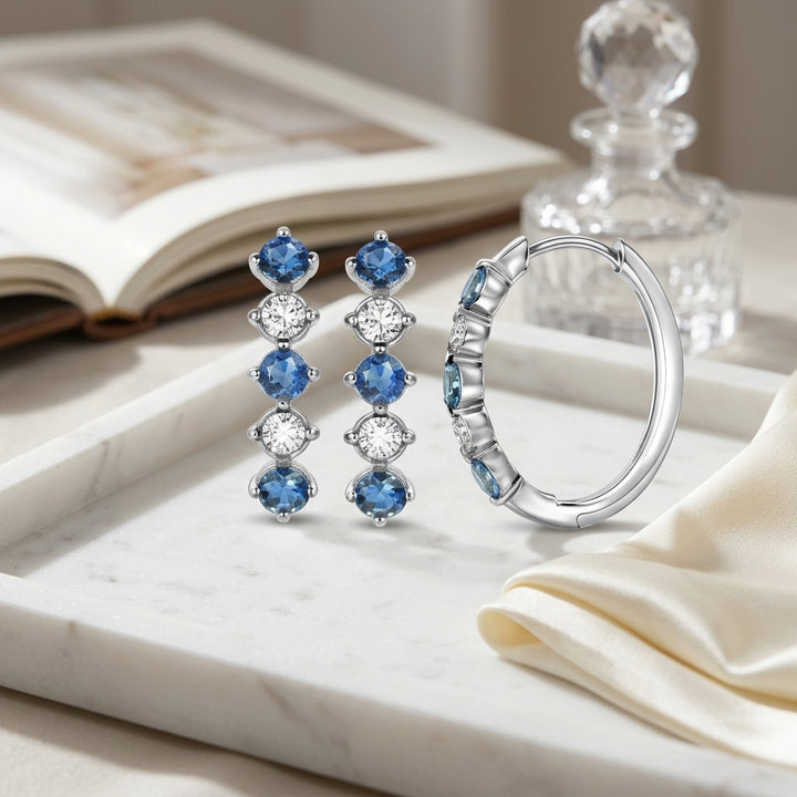 0.77ctw Blue Sapphire & 5/8ctw Diamond Hoop Earring in 14K White Gold - lifestyle
