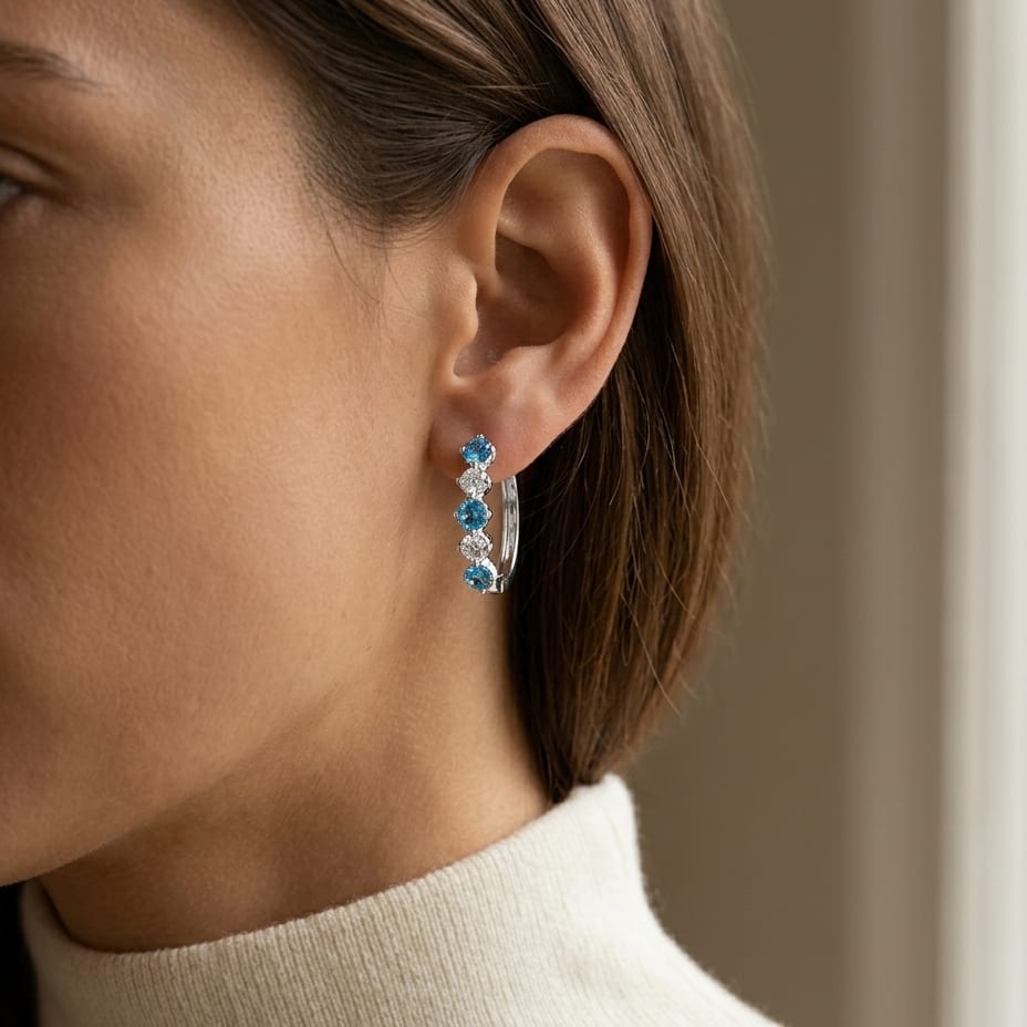 0.77ctw Blue Sapphire & 5/8ctw Diamond Hoop Earring in 14K White Gold - editorial