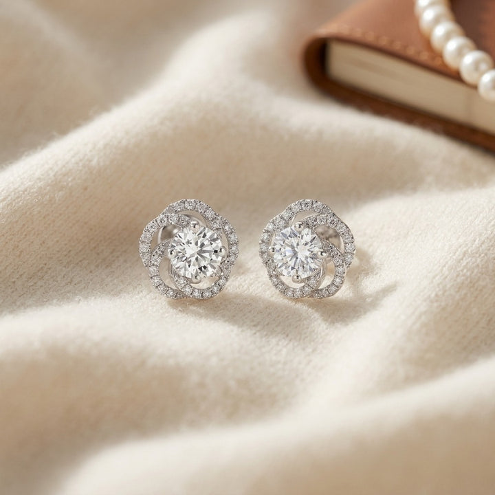 Diamond Floral Earrings 1ctw in 14K White Gold - flat lay