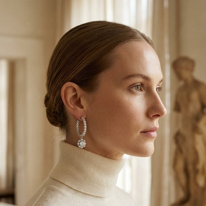 Diamond Dangle Halo Earrings 1-1/2ctw Round Brillliant Diamonds in 14K White Gold - lifestyle