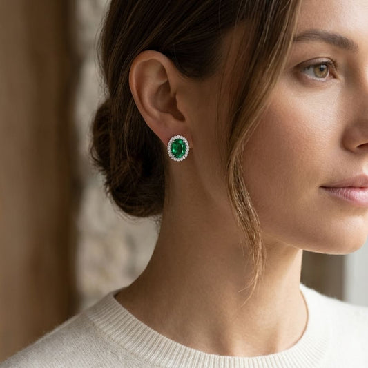 Created Emerald & Diamond Oval Halo Stud Earrings 1/5ctw in 14K White Gold - editorial