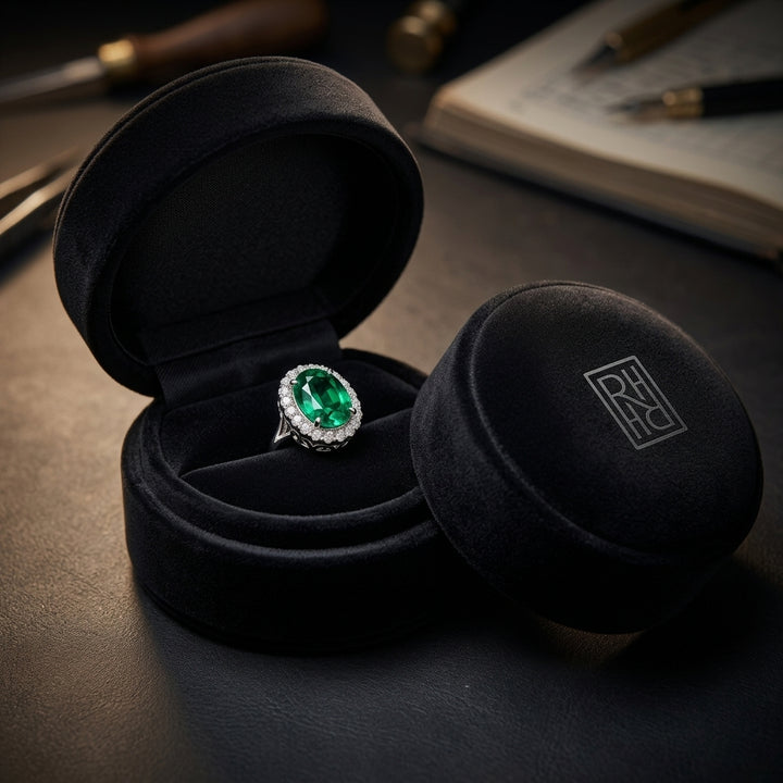 Created Emerald & Diamond Oval Halo Stud Earrings 1/5ctw in 14K White Gold - presentation