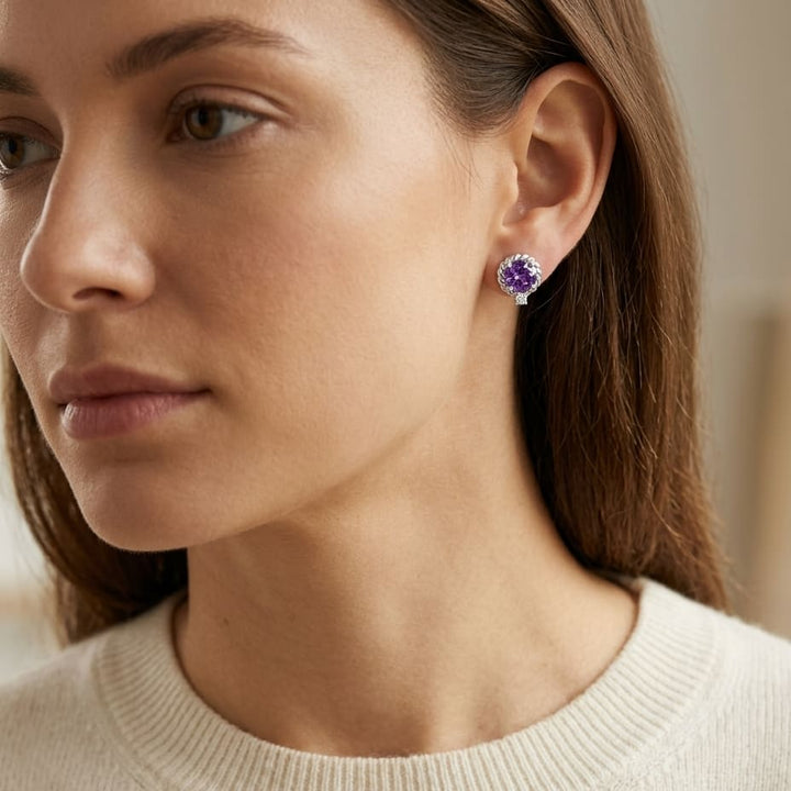 Amethyst & Diamond Ripple Edge Halo Stud Earrings 1/5ctw in 14K White Gold - editorial