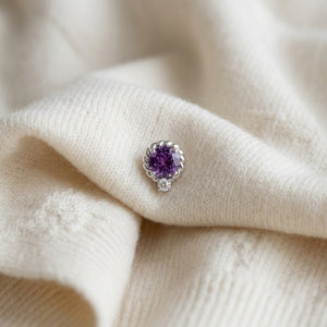 Amethyst & Diamond Ripple Edge Halo Stud Earrings 1/5ctw in 14K White Gold - flat lay