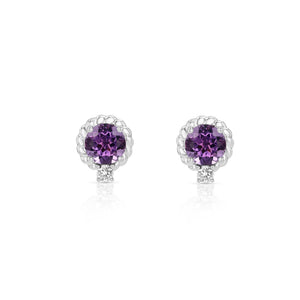 Amethyst and Diamond Ripple Edge Halo Stud Earrings in 14k White Gold 0.19ctw – detail view | RockHer
