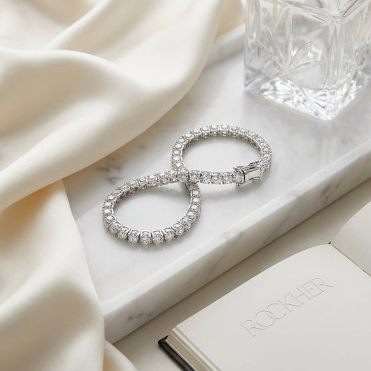 14K White Gold Natural Diamond Tennis Bracelet 7 Inch, 3.00ctw H/VS Ideal Cut Full-Cut Rounds, on marble vanity tray with silk