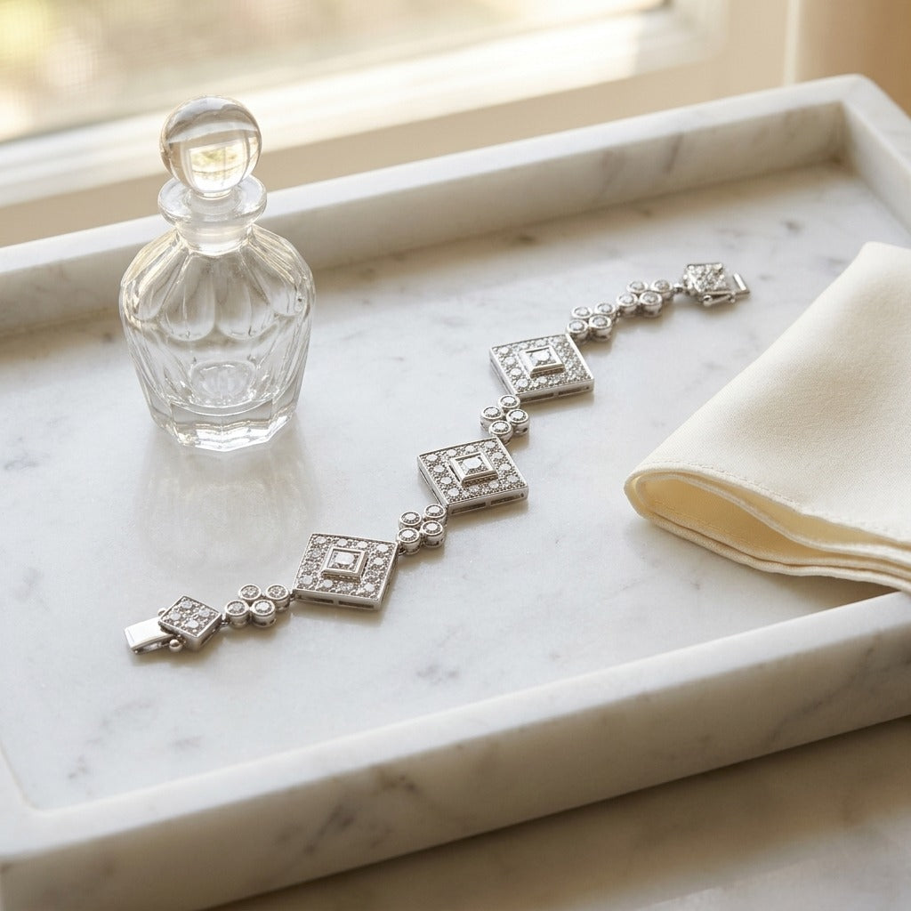Diamond Geometric & Circle Bracelet in 14K White Gold - editorial
