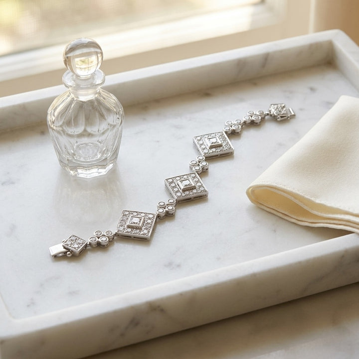 Diamond Geometric & Circle Bracelet in 14K White Gold - editorial