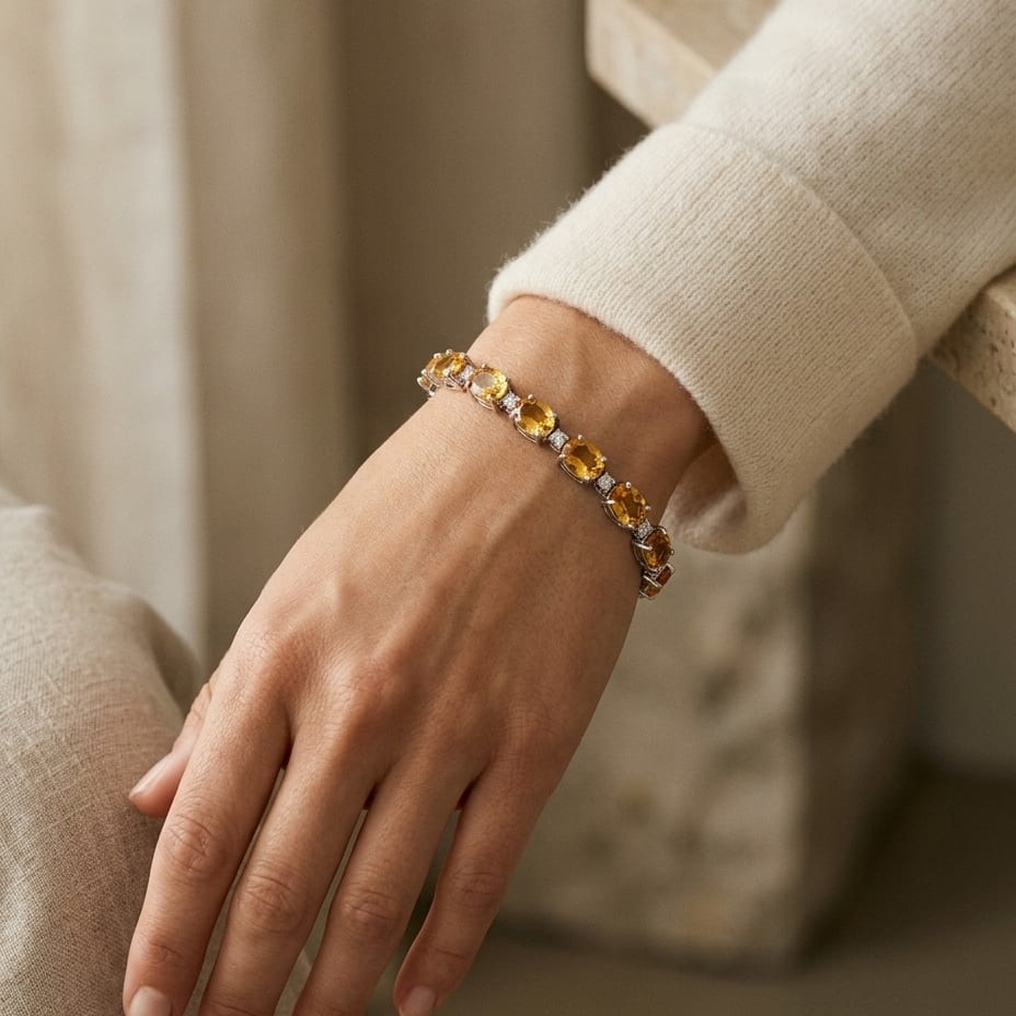 Citrine & Diamond Oval Bracelet with Round Prong Links in 14K White Gold - editorial