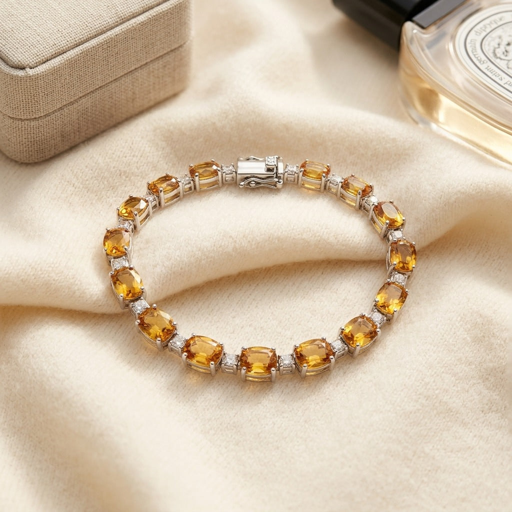 Citrine & Diamond Oval Bracelet with Round Prong Links in 14K White Gold - flat lay
