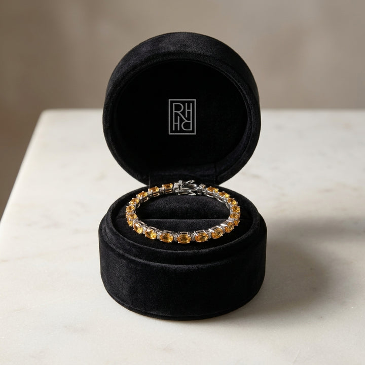 Citrine & Diamond Oval Bracelet with Round Prong Links in 14K White Gold - presentation