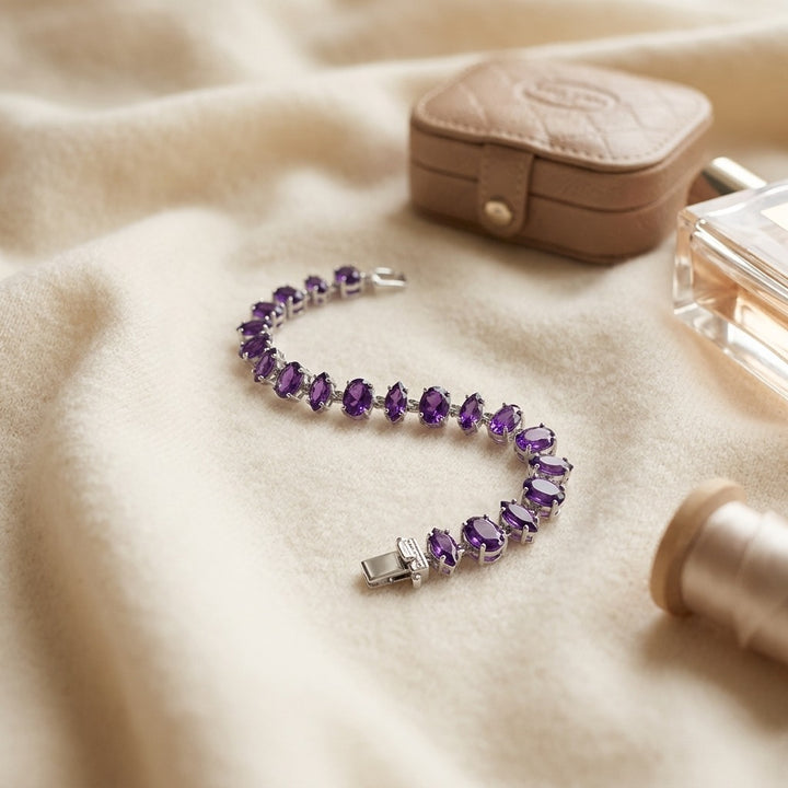 Amethyst Alternating Marquise & Oval Link Bracelet in 14K White Gold - flat lay