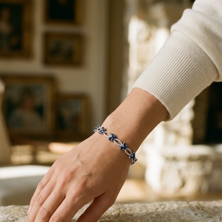 Sapphire & Diamond Composite Heart Link Bracelet in 14K White Gold - editorial