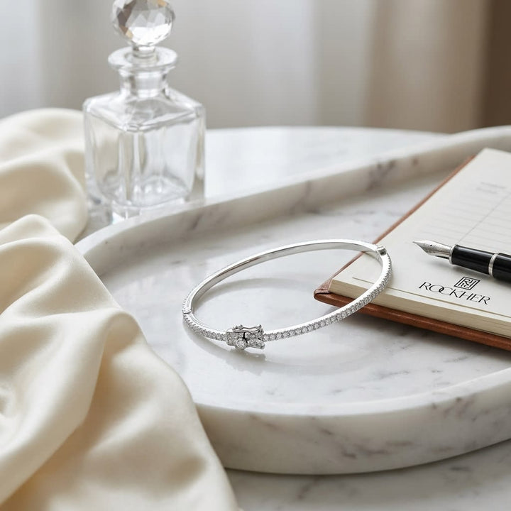 Pave Bangle in 14K White Gold, on marble vanity tray with silk