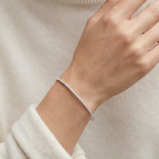 Pave Bangle in 14K White Gold, worn close-up portrait