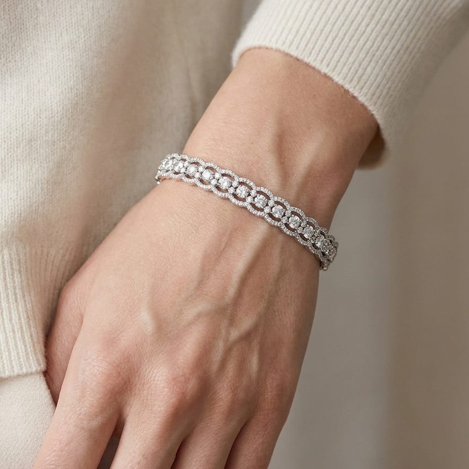 Diamond Scallop Edge Bangle in 14K White Gold, worn close-up portrait