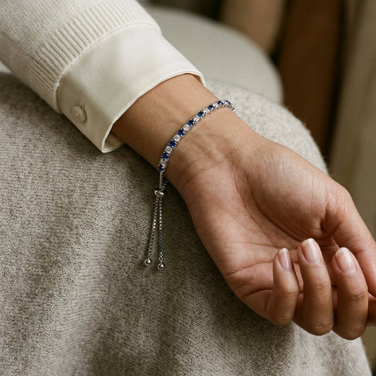 Alternating Sapphire and Diamond Bolo Bracelet in 14k White Gold 2.13ctw, worn close-up portrait