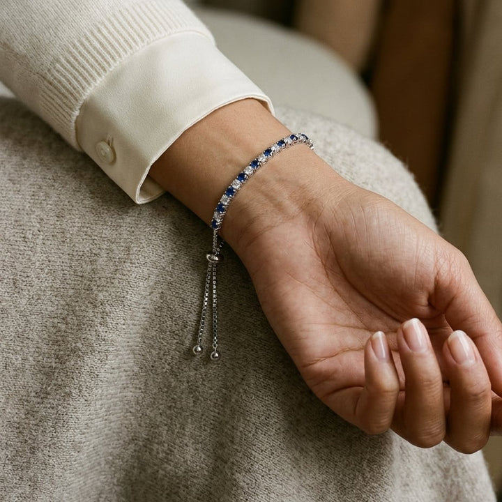 Alternating Sapphire and Diamond Bolo Bracelet in 14k White Gold 2.13ctw, worn close-up portrait