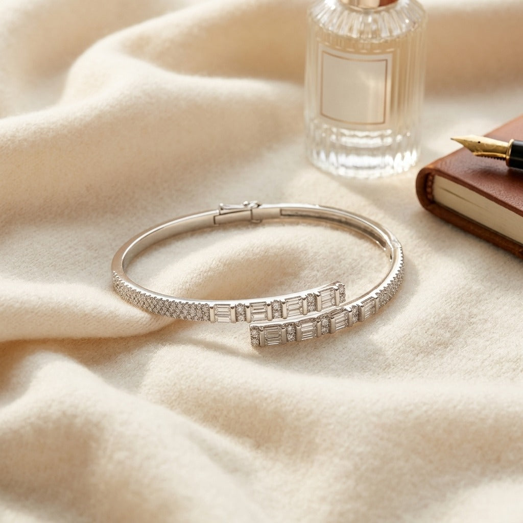 Diamond Baguette & Round Channel Overlap Bangle 1-5/8ctw in 14K White Gold - flat lay