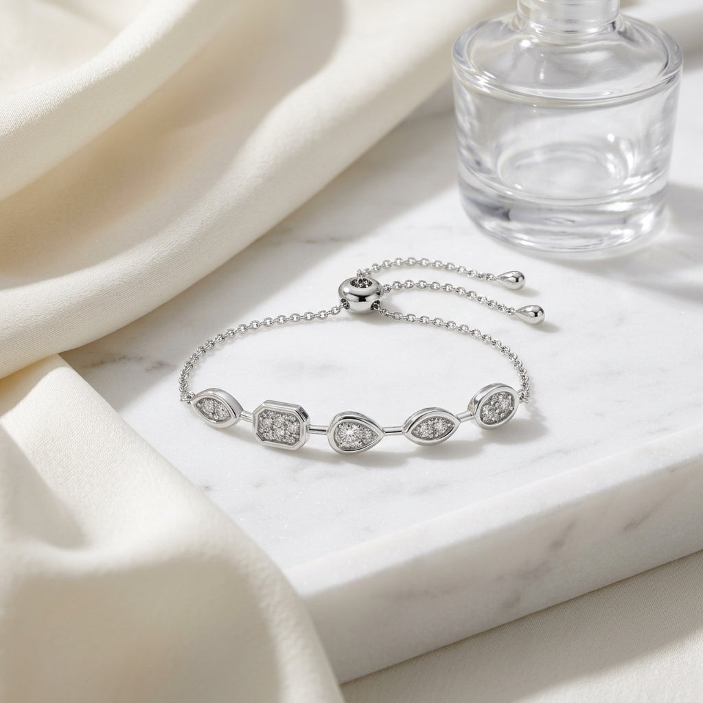Diamond Geometric Section Bracelet 0.55ctw with Adjustable Draw String Closure 9 Inch Length in 14K White Gold - editorial