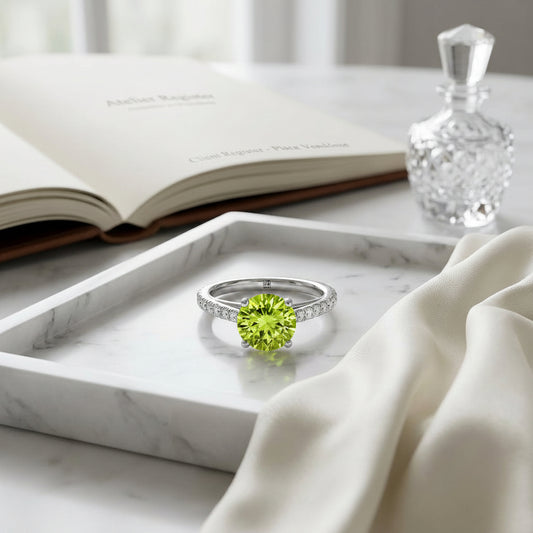 Classic 4 Prong Diamond Ring with Peridot in 14K White Gold - editorial