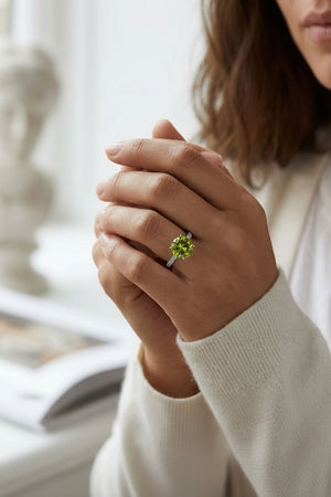 Classic 4 Prong Diamond Ring with Peridot in 14K White Gold - lifestyle
