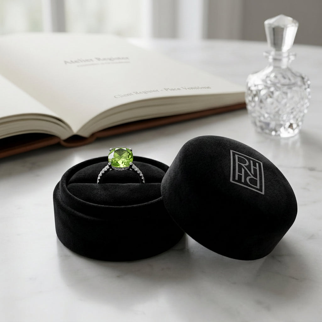 Classic 4 Prong Diamond Ring with Peridot in 14K White Gold - presentation