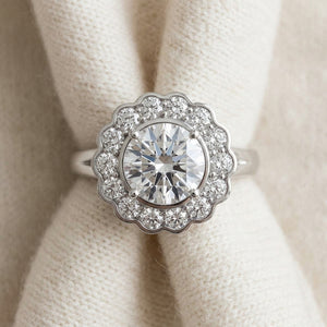 Floral Diamond Halo with Ruby Round Center in 14K White Gold - flat lay