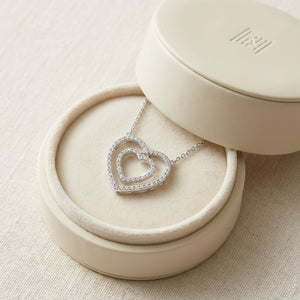 Diamond Double Heart Frame Necklace in 14K White Gold, in navy velvet jewelry box