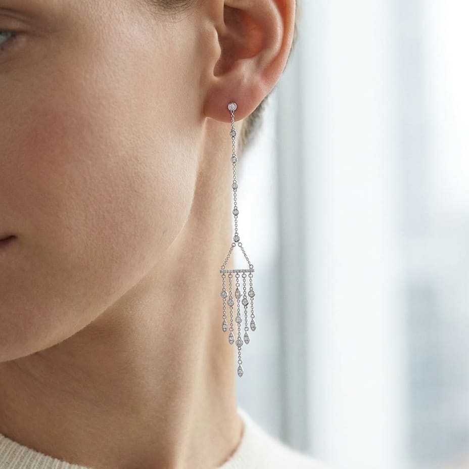 Diamond Wind Chime Dangle Necklace in 14K White Gold, worn close-up portrait