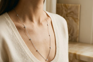 Round Diamond Bezel Necklace in 14K White Gold, worn close-up portrait