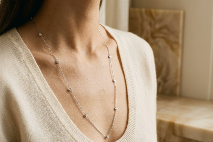 Round Diamond Bezel Necklace in 14K White Gold, worn close-up portrait