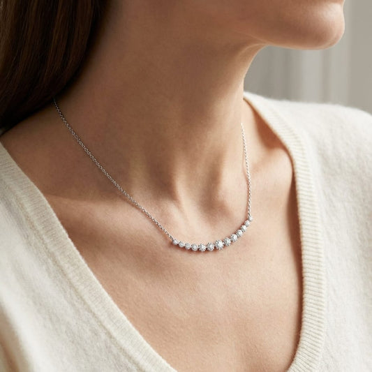 Diamond 13-stone Floral Millgrained Necklace in 14K White Gold (1/3 Ct.tw.), worn close-up portrait