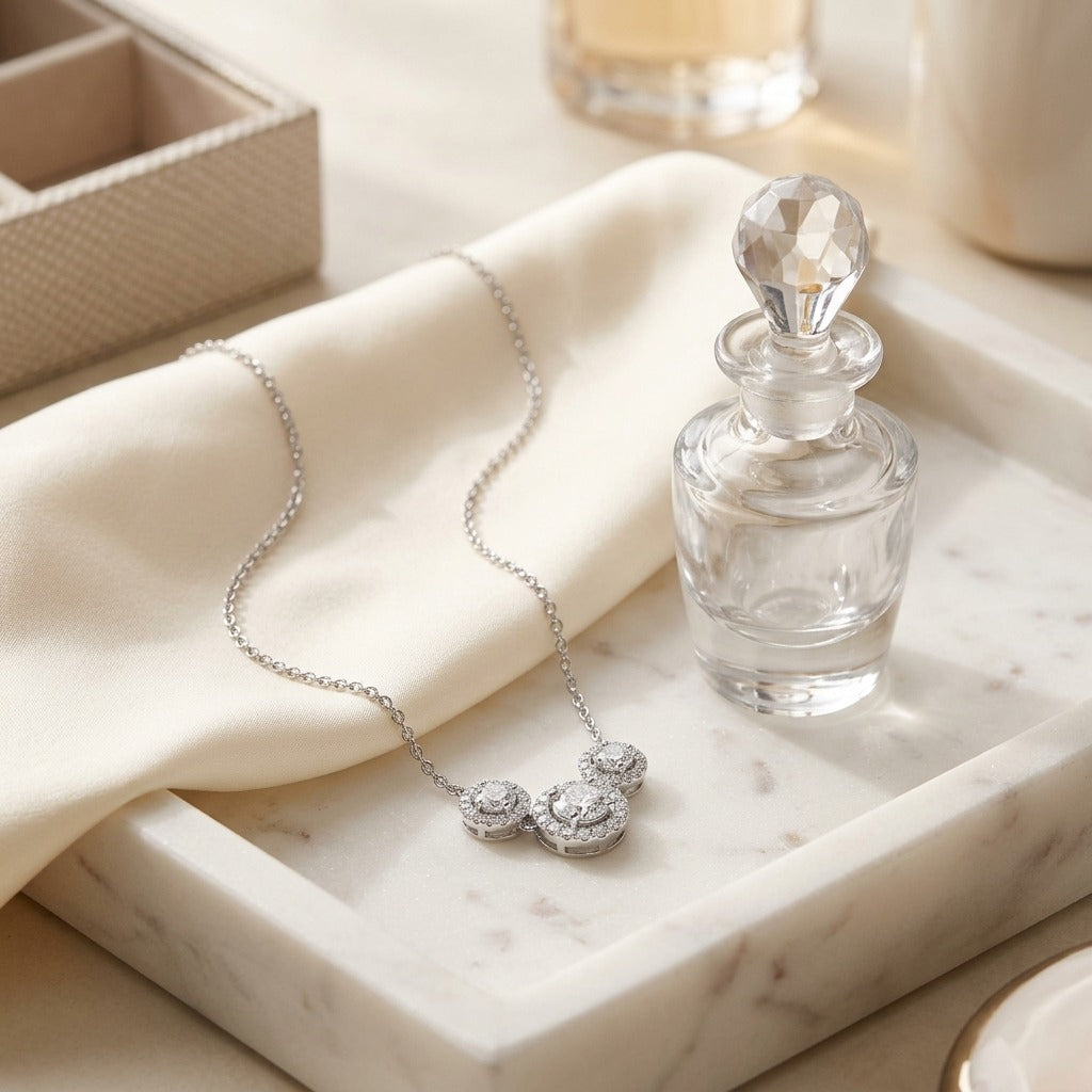 Diamond Three Stone Halo Necklace in 14K White Gold - editorial