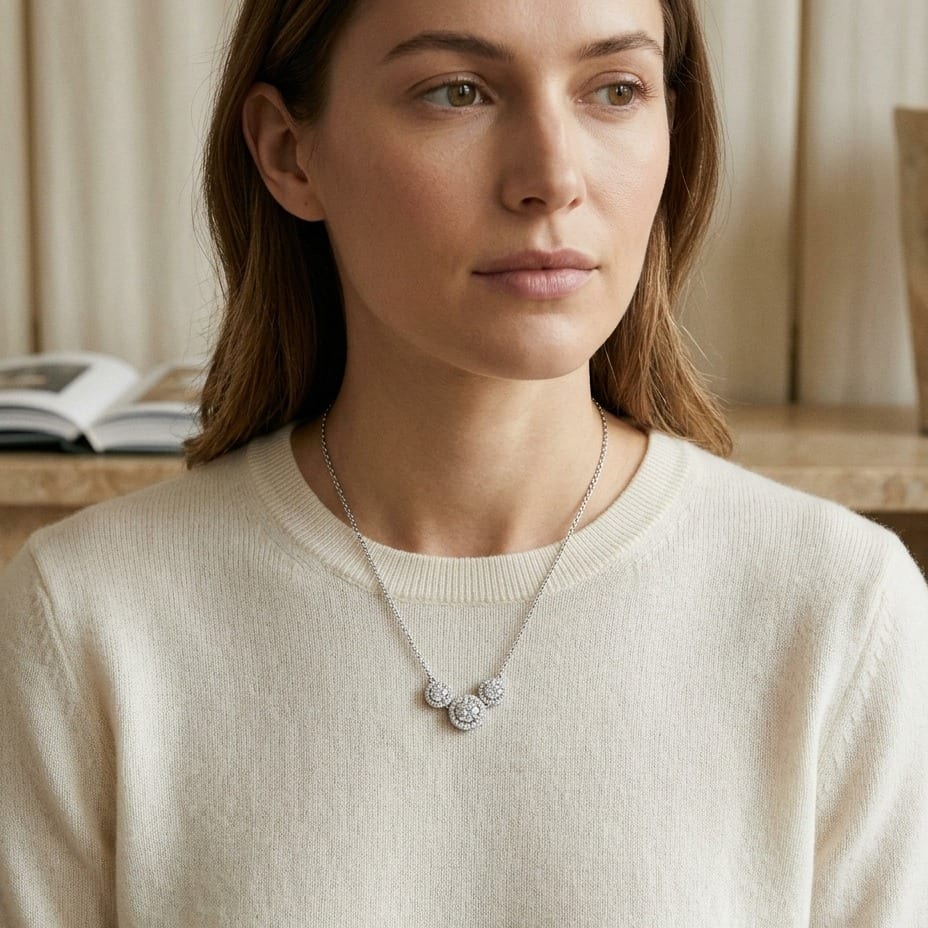 Diamond Three Stone Halo Necklace in 14K White Gold - lifestyle