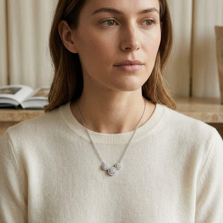Diamond Three Stone Halo Necklace in 14K White Gold - lifestyle