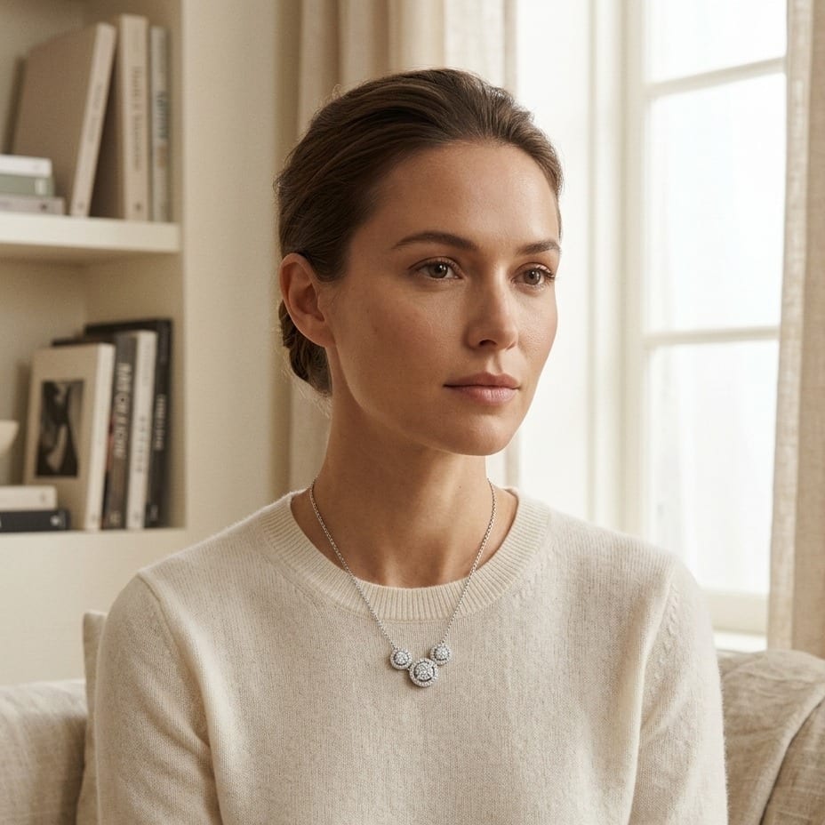 Diamond Three Stone Halo Necklace in 14K White Gold - on model