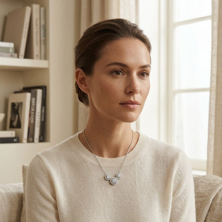 Diamond Three Stone Halo Necklace in 14K White Gold - on model