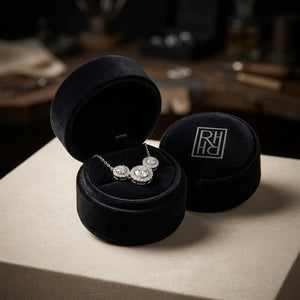 Diamond Three Stone Halo Necklace in 14K White Gold - presentation
