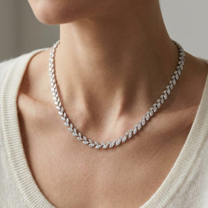 Diamond Laurel Leaf Necklace in 14K White Gold, worn close-up portrait