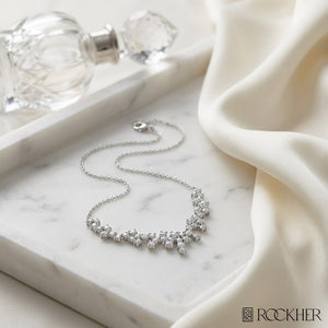 Diamond Prong-set Constellation Necklace in 14K White Gold, 16-18inch Adj Chain, on marble vanity tray with silk