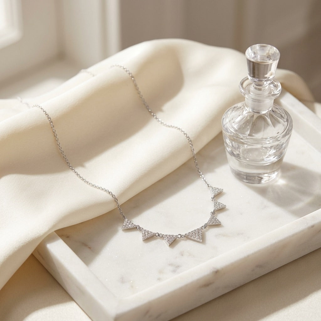 Diamond Pave 7-Triangle Necklace 16-18 Inch Adjustable Length in 14K White Gold - editorial