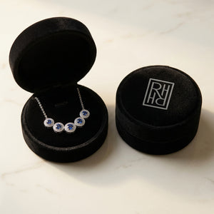 Sapphire & Diamond Graduated Curved Necklace in 14K White Gold - presentation