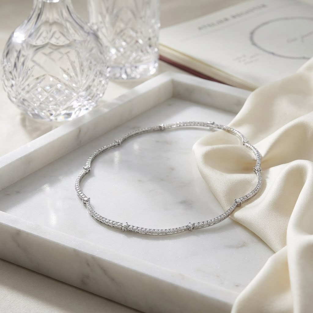 Diamond Pave And Prong-set Scallop Link Necklace in 14K White Gold (1.30ctw), on marble vanity tray with silk
