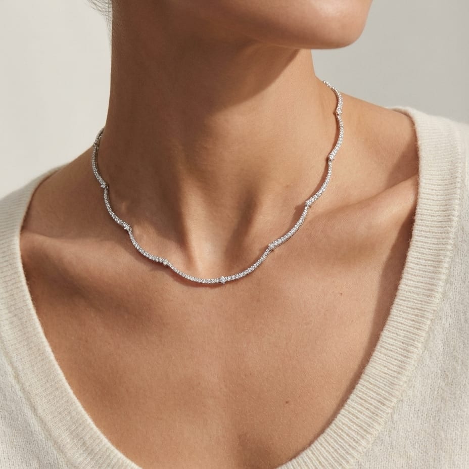 Diamond Pave And Prong-set Scallop Link Necklace in 14K White Gold (1.30ctw), worn close-up portrait