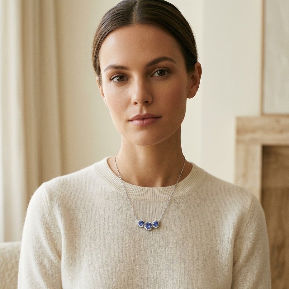 Tanzanite & Diamond Round Halo Trio Necklace in 14K White Gold - editorial