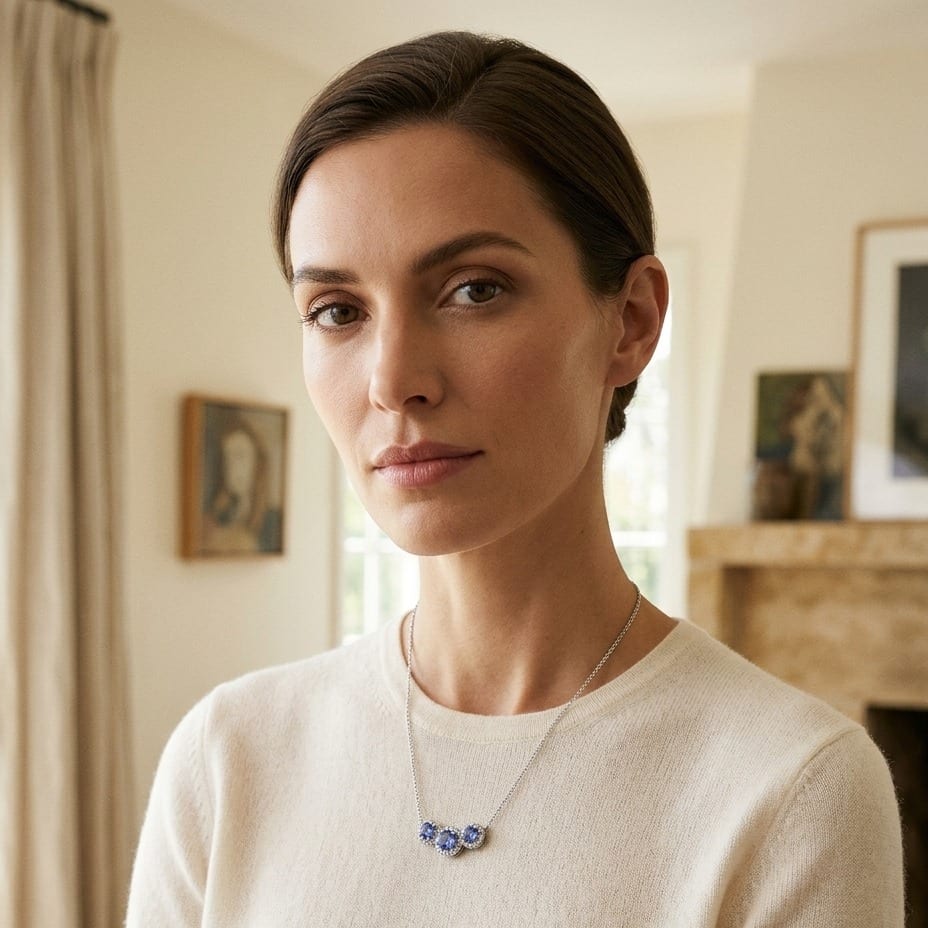 Tanzanite & Diamond Round Halo Trio Necklace in 14K White Gold - on model