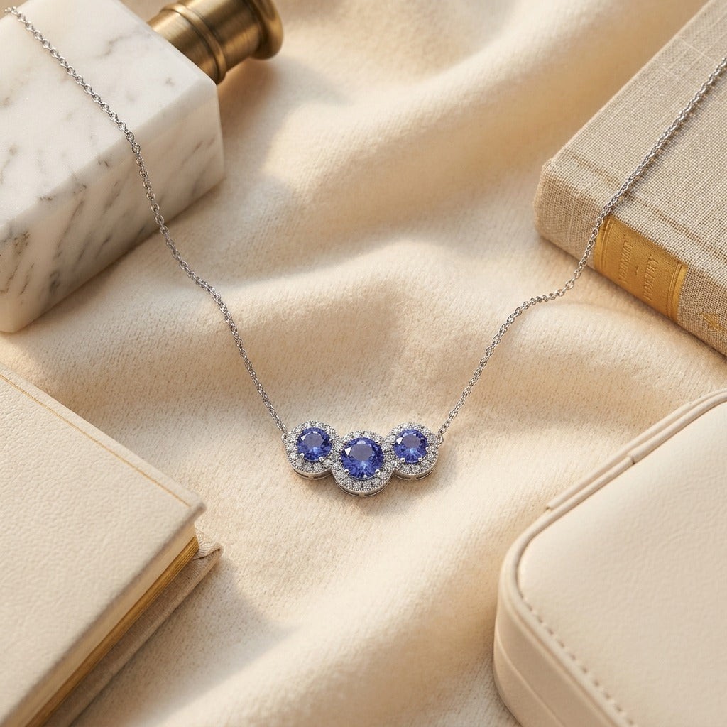 Tanzanite & Diamond Round Halo Trio Necklace in 14K White Gold - flat lay