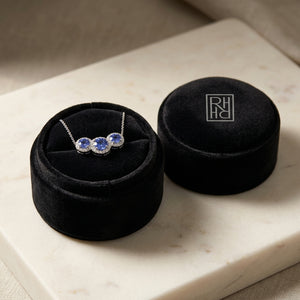 Tanzanite & Diamond Round Halo Trio Necklace in 14K White Gold - presentation